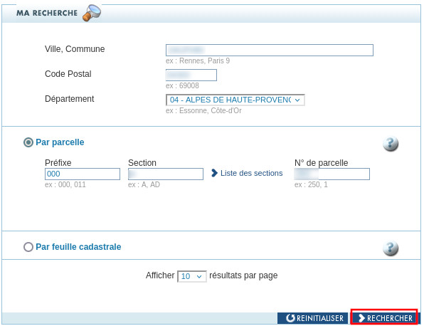 formulaire de recherche du cadastre