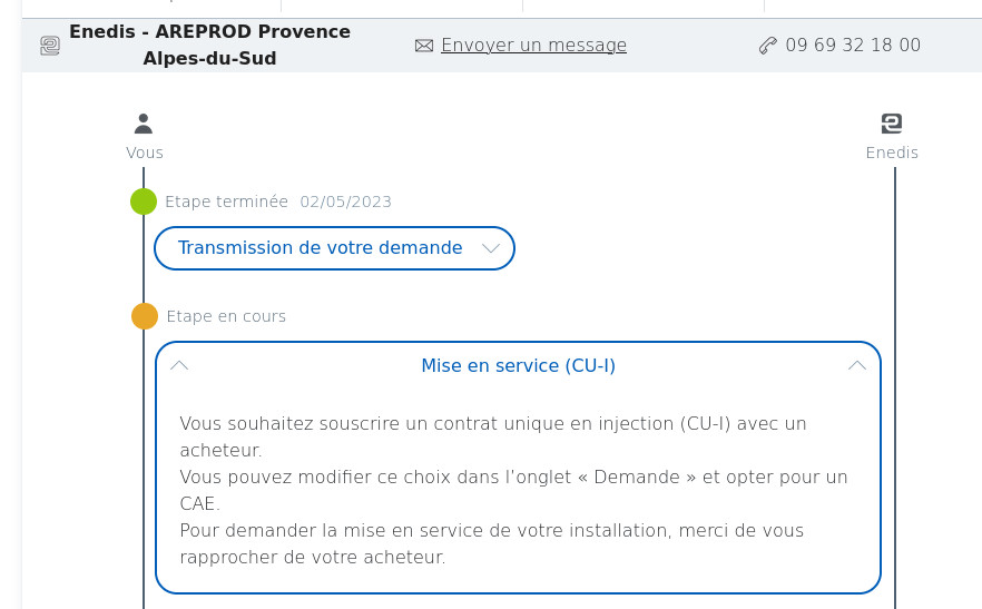Capture d'écran du changement de statut à mise en service CU-i avec demande de prise de contact par l'acheteur