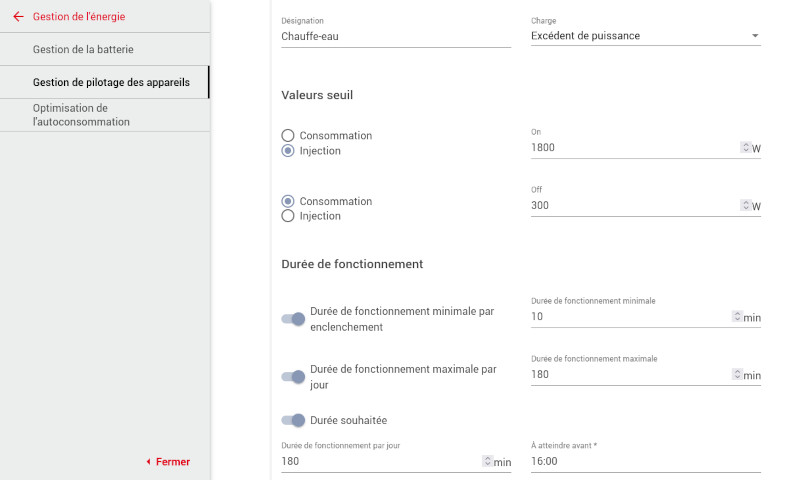 Capture d'écran de la gestion du pilotage de charge avec les paramètres de déclenchement lors de l'injection
