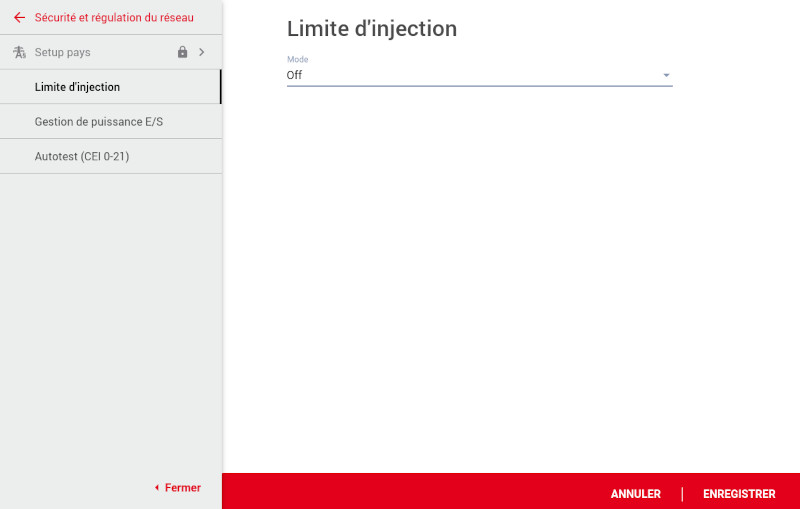 Capture d'écran de la configuration de la limite d'injection de l'onduleur sur off