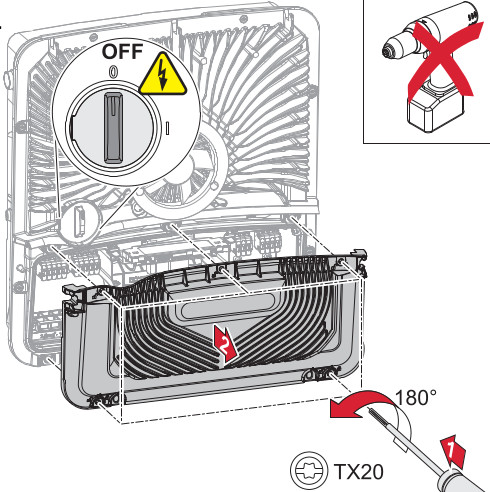 Schéma pour retirer le cache de la zone de raccordement avec un tour à 180° vers la gauche avec un tournevis TX20, ne pas utiliser de perceuse