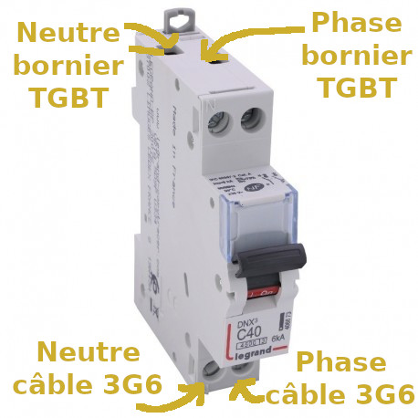 Photo montrant le disjoncteur 40A avec la connexion du neutre et de la phase venant du bornier TGBT en haut du disjoncteur et le neutre et la phase du câble 3G6 en bas du disjoncteur