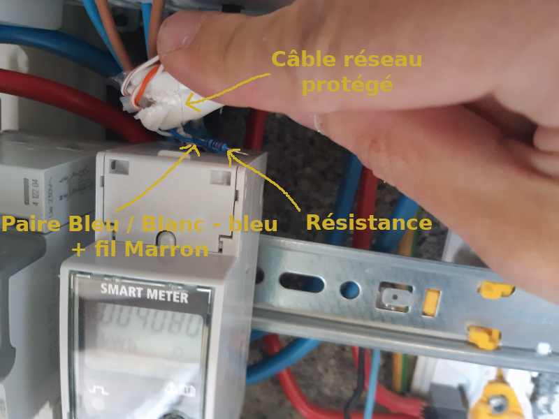 Photos de la connexion des fils réseaux et de la résistance sur le Smart Meter