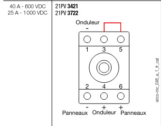 Schéma montrant qu'il faut connecter le pole négatif de l'onduleur au pole 1, le pole positif au pole 4, le pole négatif des panneaux au pole 2 et le positif au pole 6