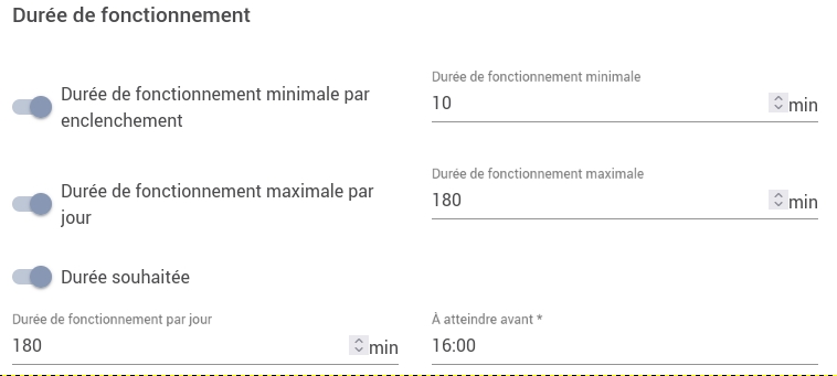 Capture d'écran configuration charge 1 durée de fonctionnement