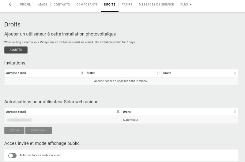 Capture d'écran site Solar.web partie paramètres gestion des droits avec délégation de la supervision à une adresse email