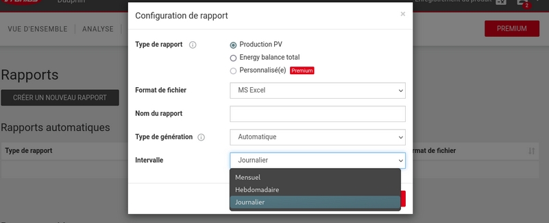 Capture d'écran site Solar.web création rapport journalier production pv